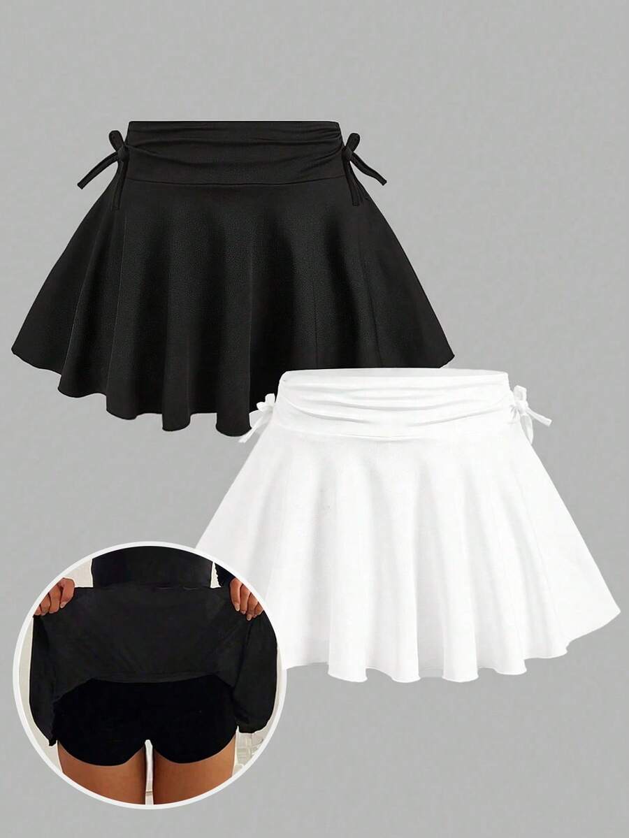 SHEIN 少女两件套休闲简约褶皱腰A字裙裤 - 黑與白 - 查看 1