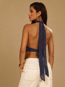 Denimoi Sheer Mesh Polka Dot Backless Halter Top With Scarf - Blue - View 2