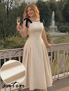 SHEIN MOD 女士卡其色无袖圆领撞色蝴蝶结装饰腰部A字连衣裙，适合春夏、婚礼季、情人节穿着。 - 卡其色 - 查看 2