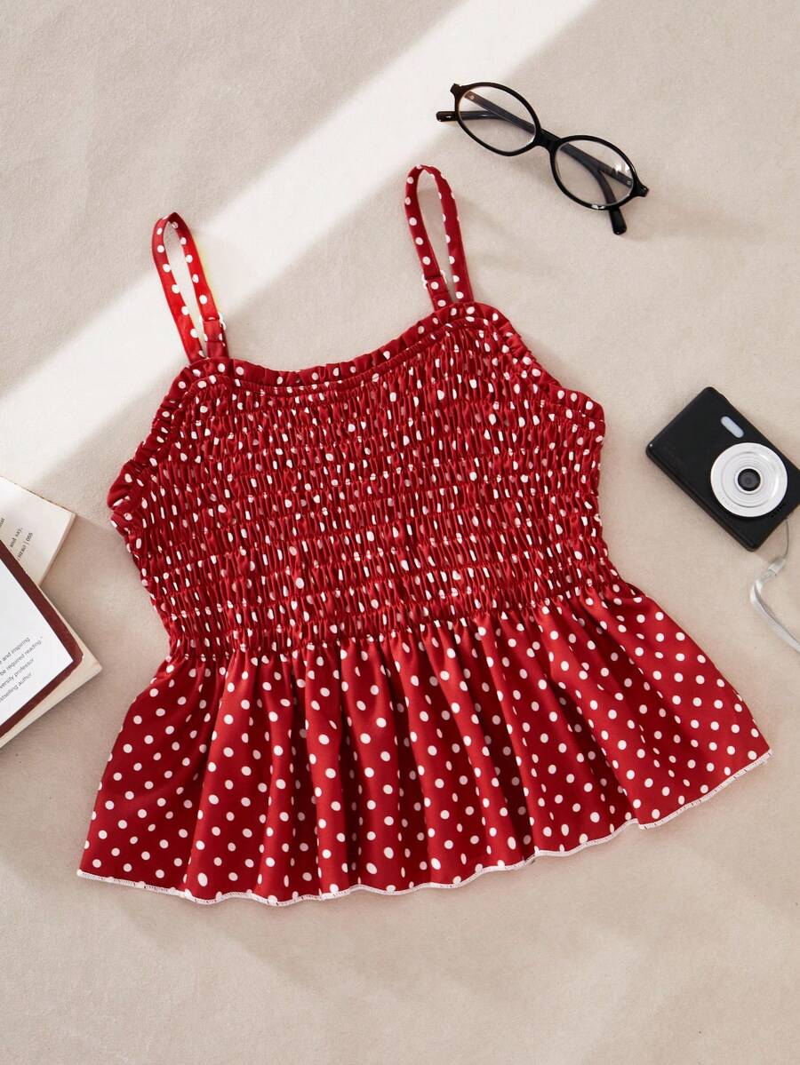 SHEIN Áo hai dây không tay in họa tiết chấm bi cho bé gái, kiểu dáng ôm sát, phong cách đồng quê ngọt ngào, thích hợp mặc hàng ngày và đi nghỉ mát vào mùa xuân/hè. - Đỏ - Xem 1
