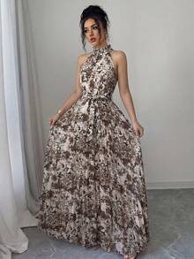 SHEIN Elenzya Ditsy Floral Ruffle Collar Pleated Waist A-Line Elegant Romantic Dress For Women, Suitable For Vacation - Multicolor - View 4