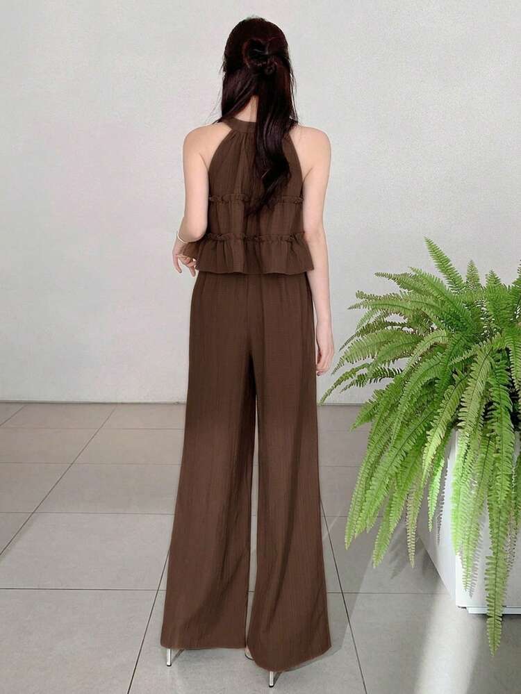 2pcs/Set Women Solid Color Sleeveless Top And Wide Leg Pants