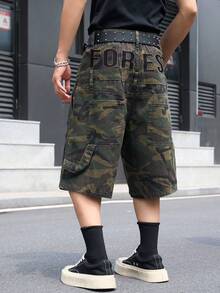 Manfinity EMRG 男士休闲街头风刺绣多口袋迷彩牛仔工装短裤 - 軍綠色 - 查看 1