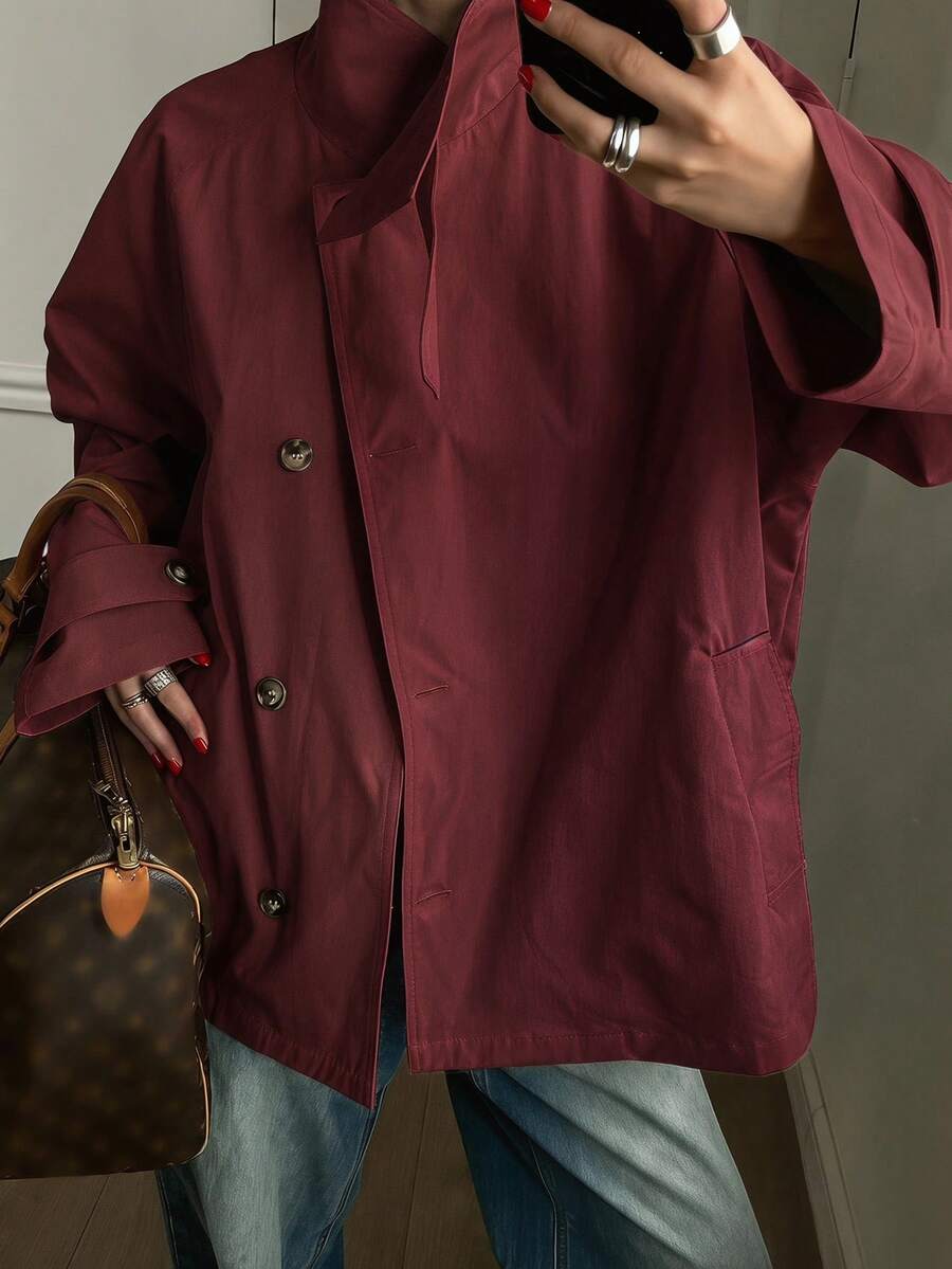 DAZY Women's Casual Commuter Solid Color Windbreaker - Burgundy - View 1