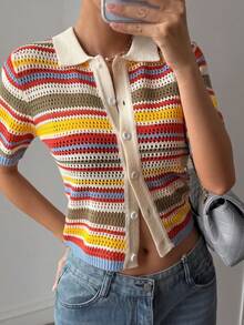 DAZY Women's Contrast Color Striped Pattern Front Button Short Sleeve Thin Cardigan Y2k Summer - Multicolor - View 8