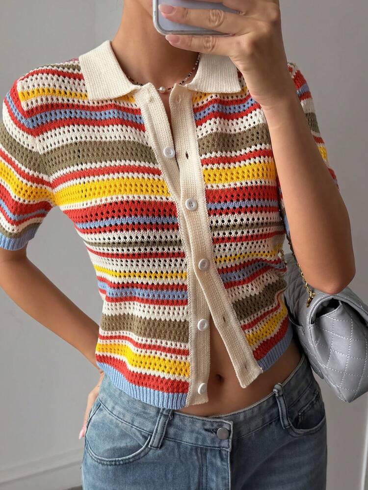 Women's Contrast Color Striped Pattern Front Button Short Sleeve Thin Cardigan Y2k Summer