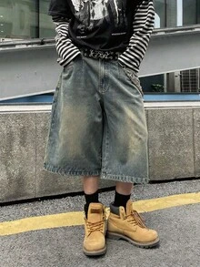 PAVTROS 男士宽松口袋休闲牛仔短裤 - 藍色 - 查看 5