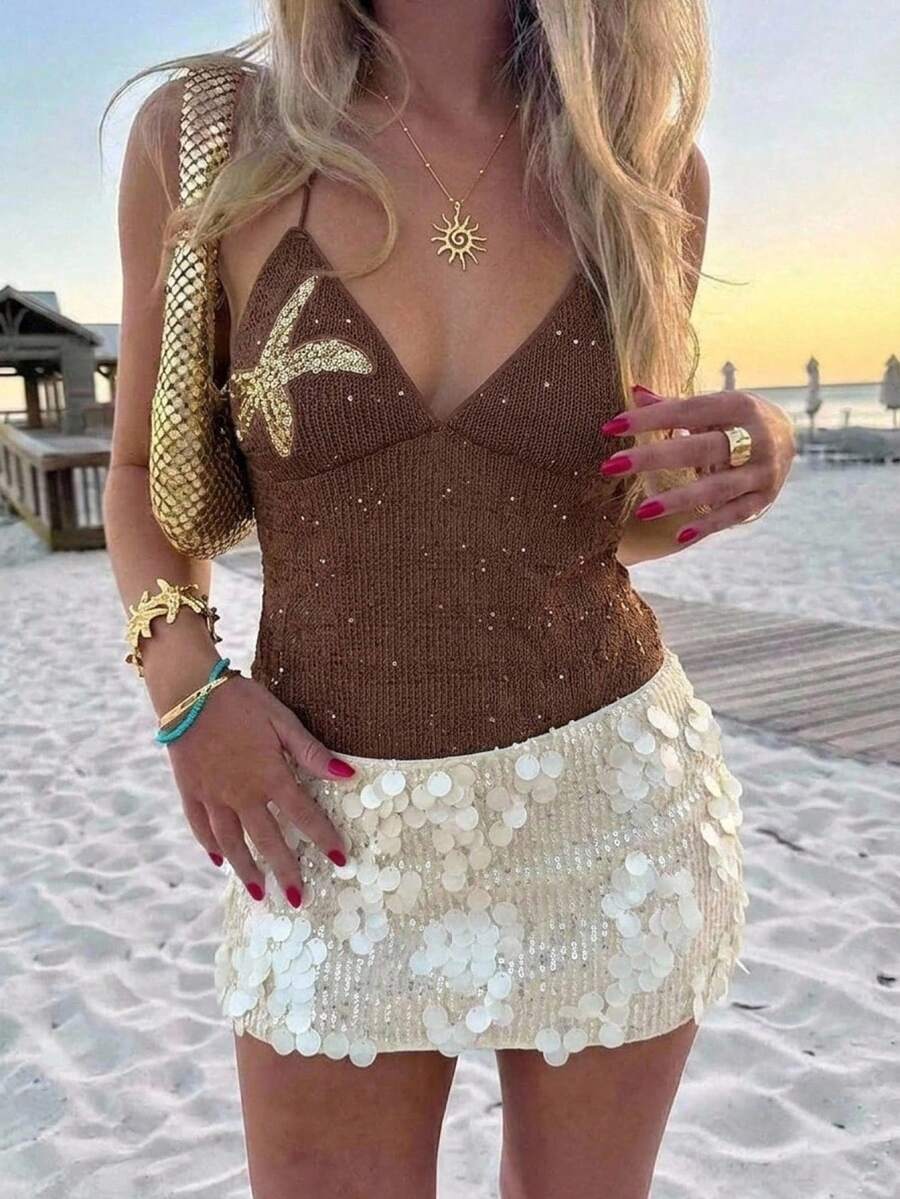 Aloruh Women's Brown And Gold Contrast Color Halter Backless Camisole Summer Summer Outfits Summer Clothes Beach Holiday Vacation Outfits For Woman Beach Holiday Outfits Woman Boho Tropical Woman Clothe Concert Outfit Women Rave Outfits Festival Country Concert Outfit Ibiza Outfits Nashville Outfits Western Wear Women Western Boho Streetwear Tropical Gyaru Western Wear Women Western Gyaru Cute Summer Tops Y2k Clothes 2000s Style Y2K Top Y2K Tops Textured Top, Backless, And Cute, With Sequined Embroider - Brown - View 1
