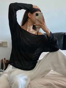 DAZY 女士纯色透视简约长袖上衣，休闲装 - 黑色 - 查看 5