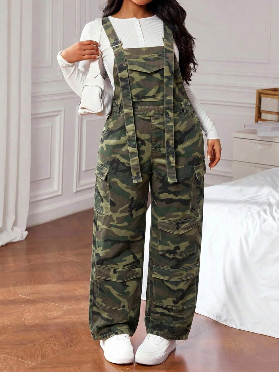 Jeanoix 大码女式迷彩工装口袋纽扣牛仔连体裤 - 彩色 - 查看 1