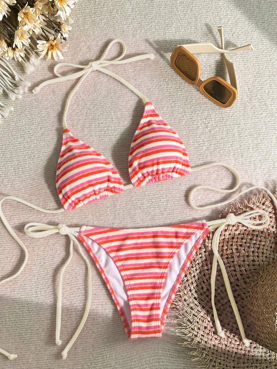 Swim Mod Women's Summer Beach Striped Halter Tie Sexy Bikini Swimwear Set - Multicolor - View 1