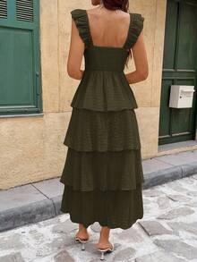 Serisse Vestido elegante de unicolor con cuello cuadrado y mangas cortas para vacaciones - Verde Oliva - Ver 2