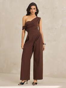 SHEIN Tall Mono elegante de mujer en tonos albaricoque y marrón, mono de verano para fiesta con escote asimétrico, drapeado, sin tirantes, de pierna ancha, sin mangas, para vacaciones, para mujeres altas - Marrón - Ver 1