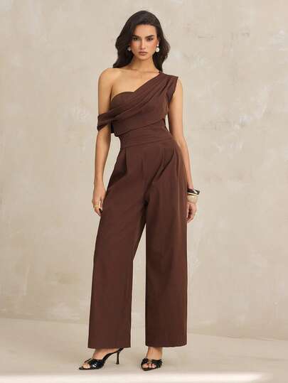 SHEIN Tall Women's Elegant Apricot Jumpsuit, Modest Asymmetric Neckline Draped Strapless Jumpsuit, Wide Leg Romper, Comfortable Sleeveless Jumpsuit, Suitable For Spring/Summer/Autumn/Winter, Beach Outfits, Airport Outfits, Vacation Outfits, Teacher Outfits