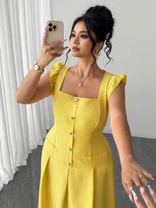 Elenzga Plus Size Women's Yellow Elegant Square Neck Puff Sleeve Pearl Button Ruched A-Line Maxi Dress,Summer Wedding Formal Formal Guest Gown - Yellow - View 4