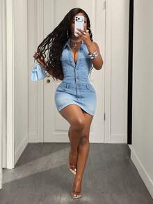 BamGleam Đầm denim nữ mùa hè cổ yếm hở lưng gợi cảm, gấu rộng, cài cúc và có túi - Rửa nhẹ - Xem 7