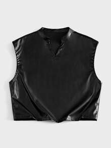 AXEPEAK Áo vest nam cổ chữ V bằng da PU màu trơn, kiểu dáng thường ngày. - màu đen - Xem 7