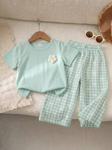 SHEIN Playful Pals 女婴/幼儿碎花圆领短袖T恤和格子裤套装 - 薄荷綠 - 查看 4