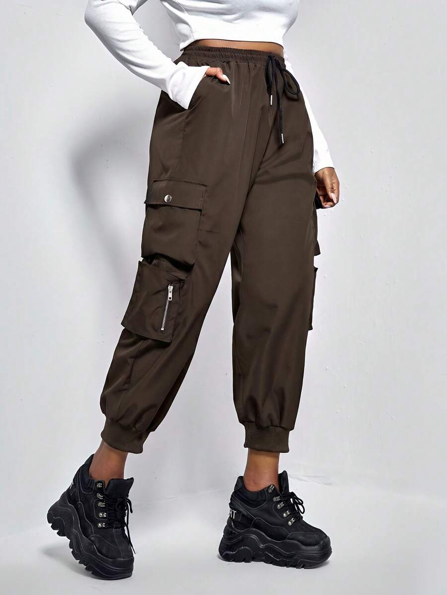 Muchica Black Plus Flap Pocket Drawstring Cargo Pants - Coffee Brown - View 1