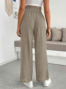 SHEIN Quần bầu cạp cao màu trơn dáng rộng thoải mái - Màu Khaki - Xem 2