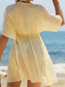Swim Vcay Vestidos de playa para mujeres, vestido holgado de playa con cuello en V y parches de encaje para mujeres - Amarillo claro - Ver 2