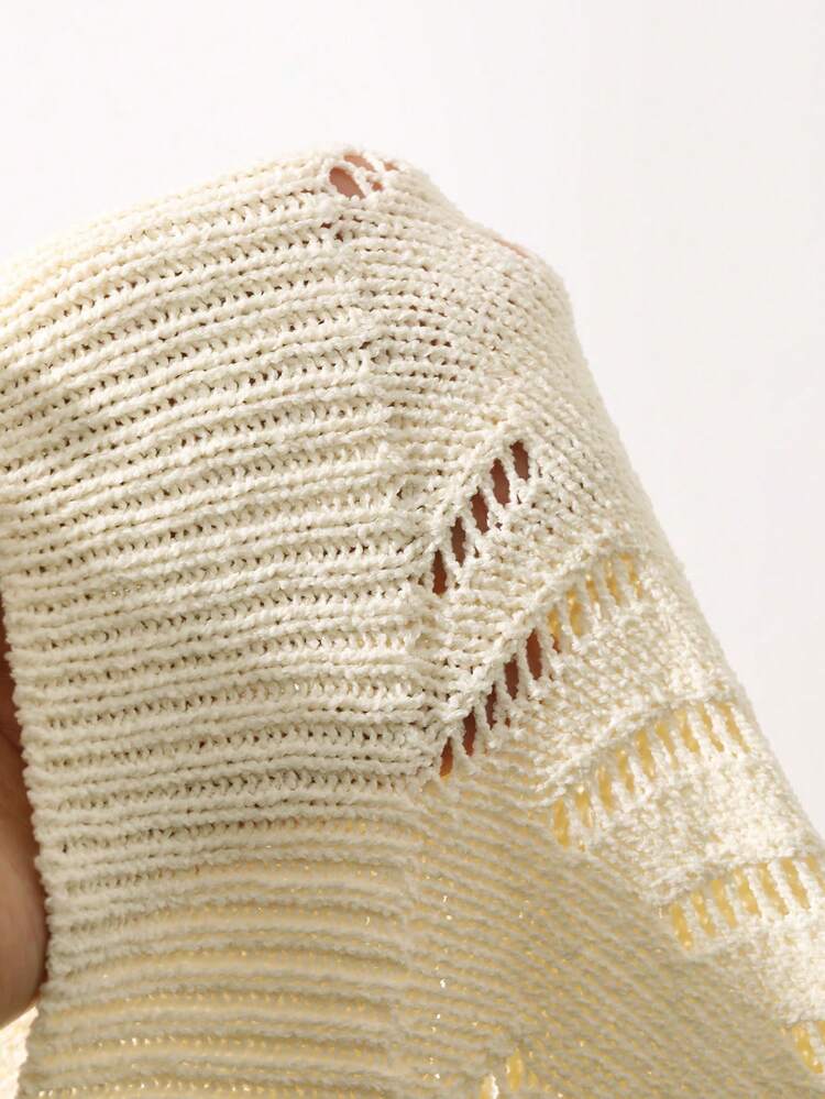 Men's Solid Color Cable Hollow Out Turndown Collar Knit Top, Short Sleeve