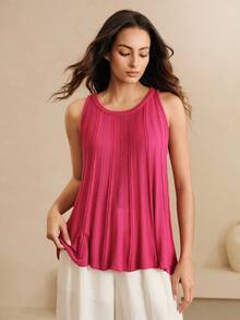 SHEIN Women's Loose Fit Solid Color Perforated Halter Neck Casual Sleeveless Knit Tank Top - Pink - View 3