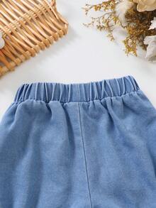 Quần short denim mùa hè cho bé gái, cạp chun, nơ và xếp ly ở gấu quần, kiểu dáng dễ thương, thoải mái. - Màu xanh lam - Xem 5