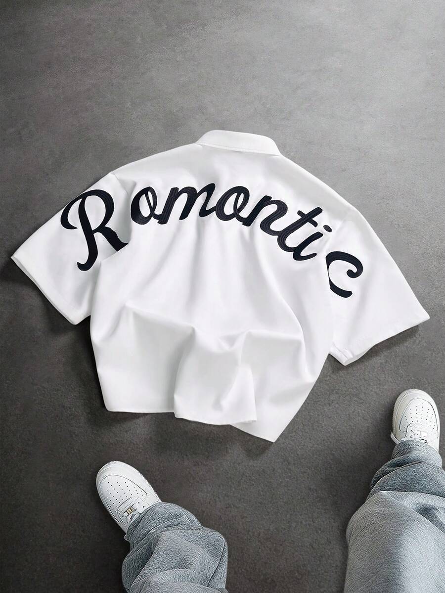 SLATEMANN Camisa casual de manga corta con estampado de letras y de una sola hilera de botones para hombre - Blanco - Ver 1