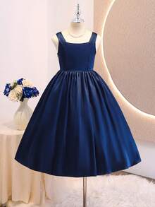 Girls' Navy Blue Formal Dress, Luxurious Satin Spaghetti Strap Dress, Lightweight And Soft Fabric, Suitable For Vacation, Graduation, Back To School, Wedding Season, Formal Events And Parties - White - View 5