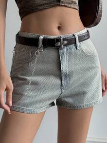 Livesso Quần short denim đính đá lấp lánh phong cách Y2K dành cho nữ, thích hợp mặc hàng ngày đi làm, không kèm thắt lưng. - Rửa nhẹ - Xem 6