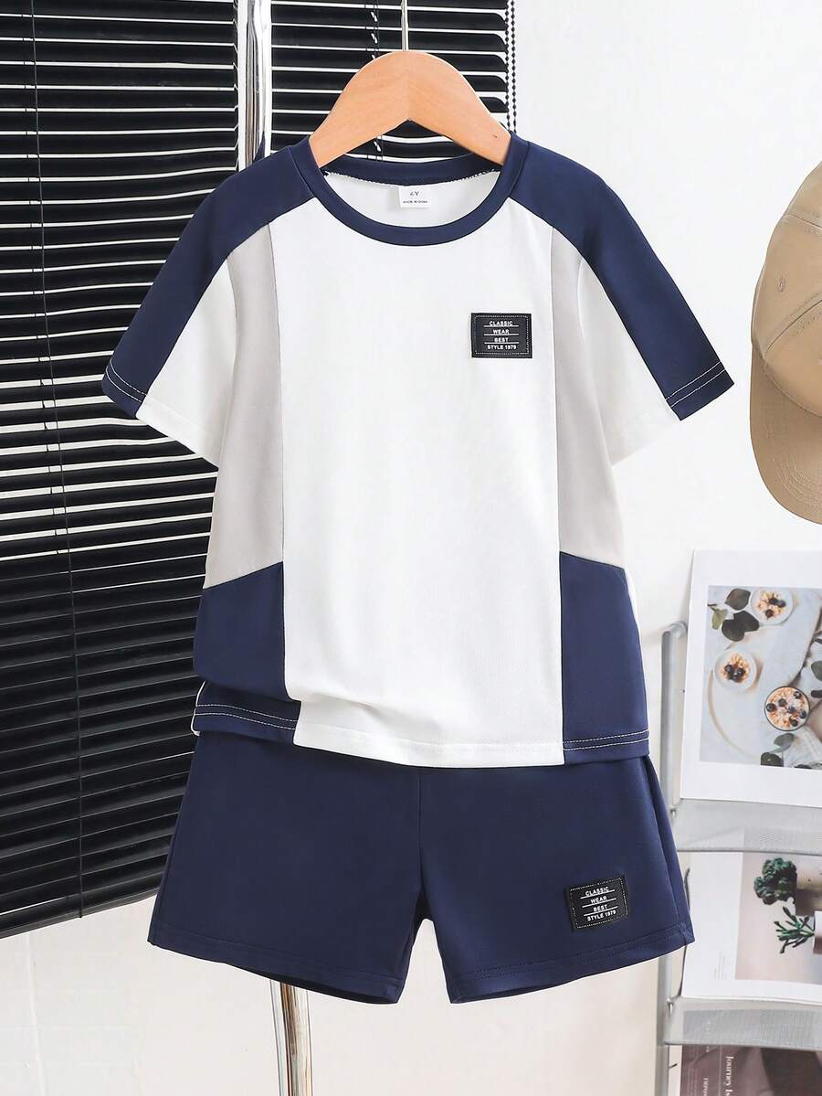 6pcs/Set Summer,Career Day,Back-To-School Boys Street Style Splatter Paint Print Short Sleeve Tee & Shorts Outfit,Young & Little Kids 2-Piece Set - Navy Blue - View 1