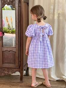 LMoss Kids 女童格纹方领泡泡袖修身连衣裙 - 紫色 - 查看 4