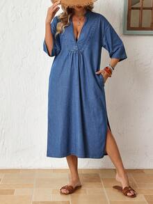 EMERY ROSE Women's Solid Color Drop Shoulder Short Sleeve Half-Placket Pleated Loose Denim Dress, Autumn Holiday Vacation Blue Boho - Blue - View 5
