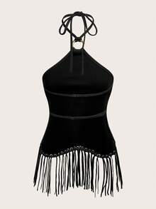 Opulessa Women's Solid Color Fringe Halter Top, Spring/Summer,Summer Top - Black - View 2