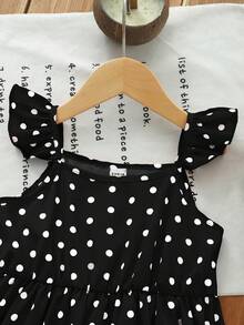 SHEIN Young Girl Woven Polka Dot Square Neck Ruffle Hem Casual Dress - Black - View 15