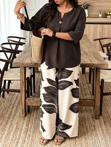 Weeklong Plus Size Women's Solid Color Casual Mid-Sleeve Shirt And Loose Long Pants 2-Piece Set, Spring/Summer - Multicolor - View 3