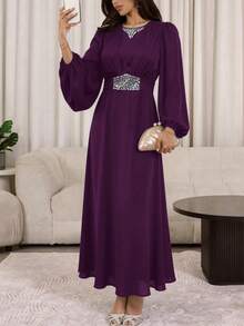 Veilorie Nuevo vestido de cóctel elegante y de lujo con cintura fruncida y adornos de strass, elegante para fiestas - Bold Plum - Ver 5