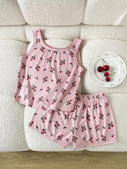 Girls' Cute Floral Print Contrast Color Trim Soft & Comfortable Camisole & Shorts 2 Pieces Pajama Set, Summer