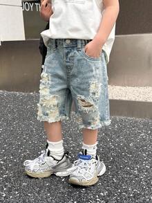 SHEIN 男婴夏季休闲做旧破洞磨边蓝色纽扣口袋修身牛仔短裤，婴儿春夏服装春假穿搭日常穿着 - 淺色水洗藍 - 查看 7