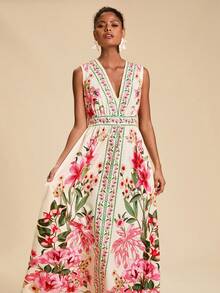 Travachic Women's Floral Print V-Neck Sleeveless Dress, Vacation - Multicolor - View 6