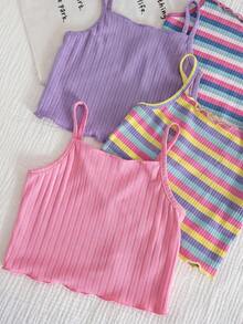 SHEIN 8pcs Young Girl Knitted Solid Striped Casual Camisole And Shorts Set - Multicolor - View 7
