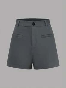 K-Vae Shorts casuais femininos elegantes com bolsos e pernas retas. - Cinza - Ver 4