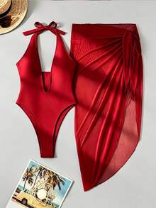 Glamine 2pcs/Set New Arrival Spring/Summer Red High-Cut Sexy Backless Halter Tie Bikini Swimsuit For Women - Red - View 3