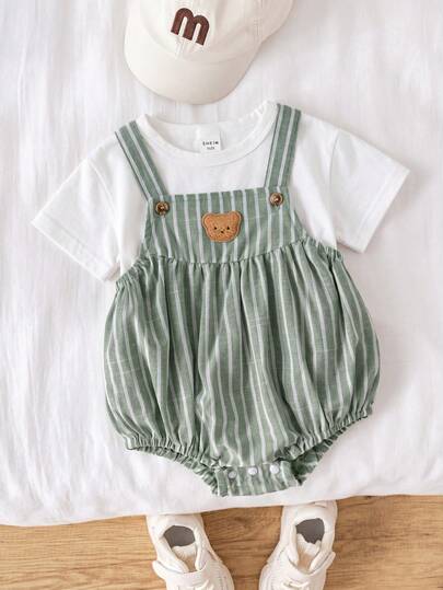 SHEIN Bộ áo liền quần ngắn kẻ sọc kaki dễ thương cho bé sơ sinh trai/gái, kiểu dáng thường ngày, dễ mặc vào/cởi ra, thích hợp cho mùa xuân/hè.