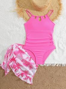 SHEIN Bộ đồ bơi liền thân màu trơn dành cho bé gái tuổi teen, thích hợp cho kỳ nghỉ hè, kèm chân váy in họa tiết lá nhiệt đới, bộ đồ bơi mùa hè thời trang. - Màu Hồng Tươi - Xem 5