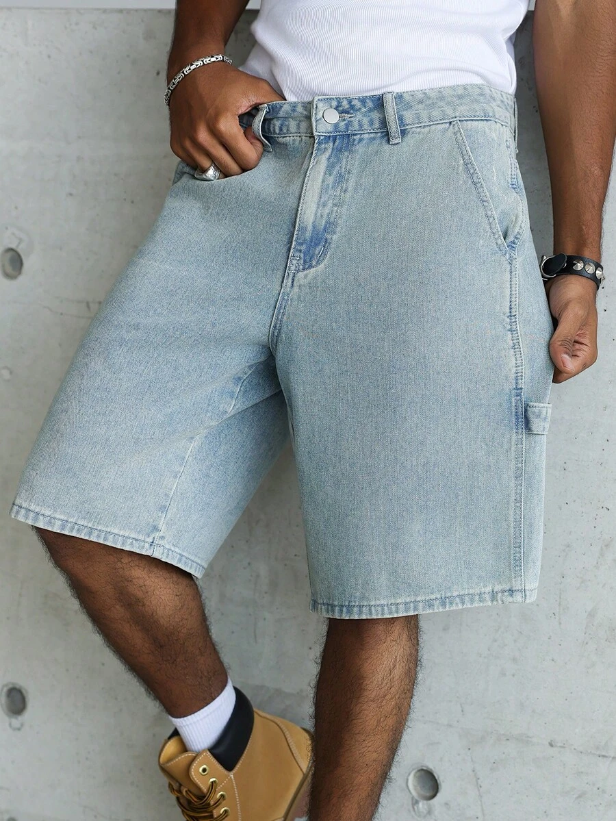 Manfinity EMRG Men's Casual Street Style Multi-Pocket Light Blue Denim Cargo Shorts Vacation Summer - Light Wash - View 1