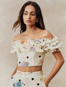 Anewsta Elegant Off Shoulder Floral Print Blouse With Ruffle Back Design, Linen-Feel Fabric, Suitable For Spring, Summer, Autumn And Winter - Beige - View 1