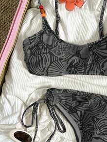 Swim Mod Women's Casual Vacation Beach Plant Print Bikini Two Pieces Swimwear - Black - View 4