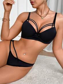 DesireSculpt 2pcs Women Lace-Up Bralette Set - Black - View 5